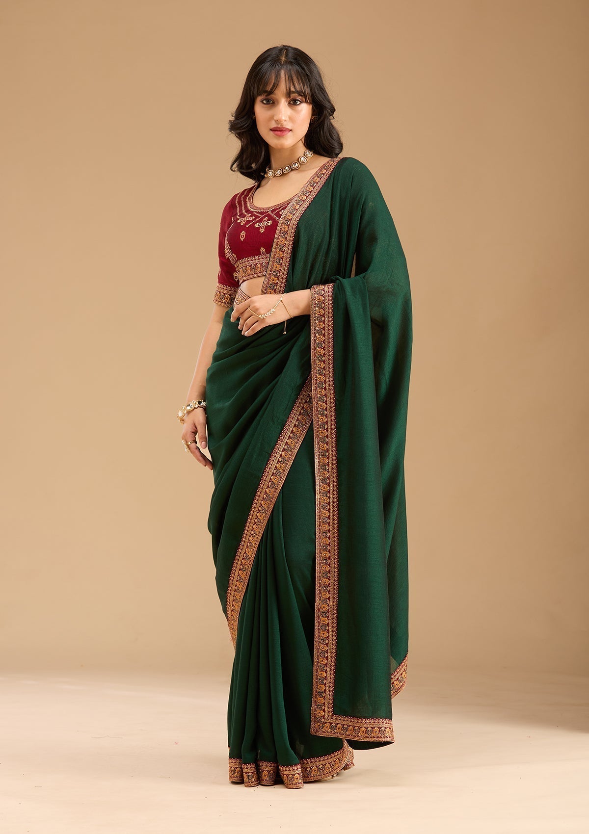 Bottle Green Gold Zariwork Soft Raw Silk Saree