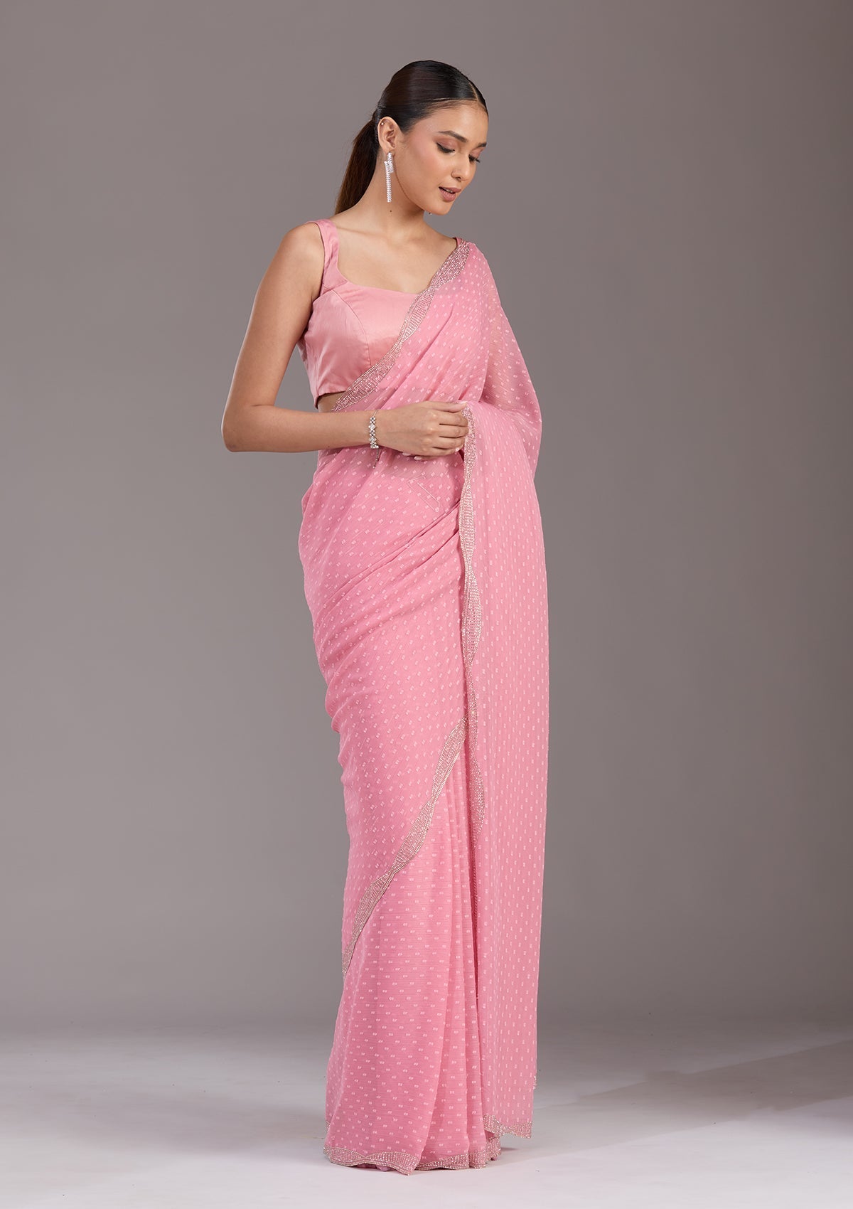 Gajari Pink Stonework (Silver) Chiffon Saree