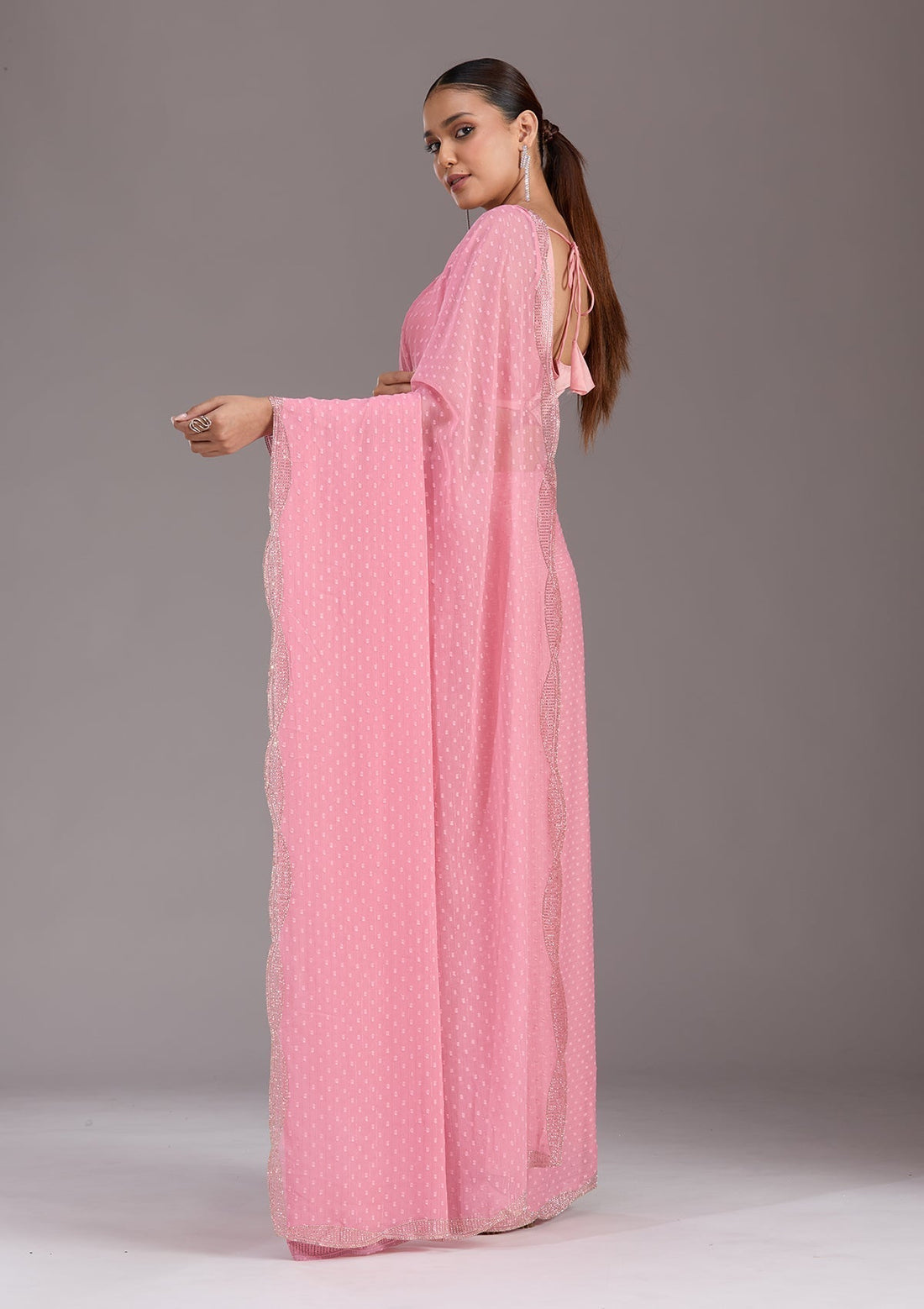 Gajari Pink Stonework (Silver) Chiffon Saree