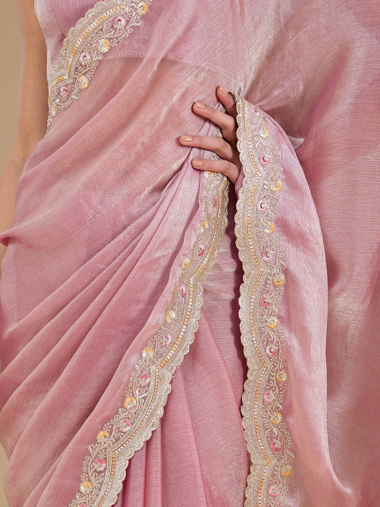 Onion Pink Zariwork (Gold) Tissue Saree
