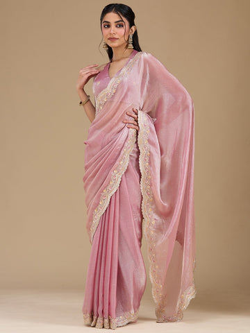 Onion Pink Zariwork (Gold) Tissue Saree