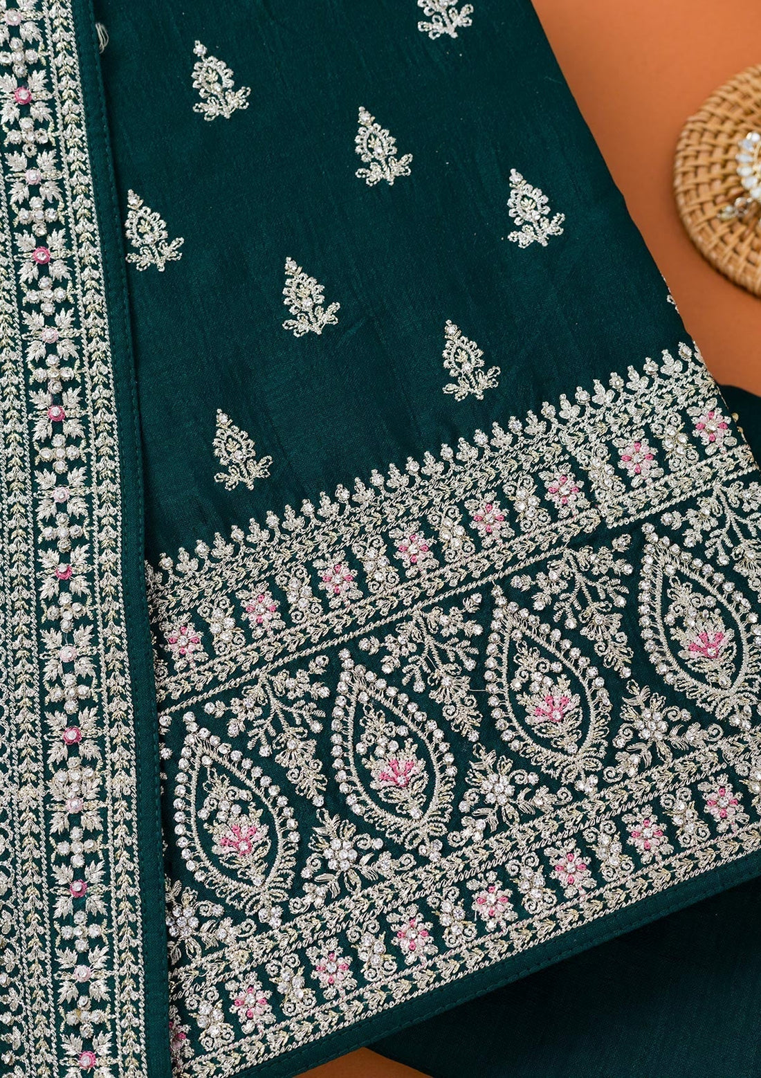 Bottle Green Zariwork Art Silk Unstitched Salwar Suit