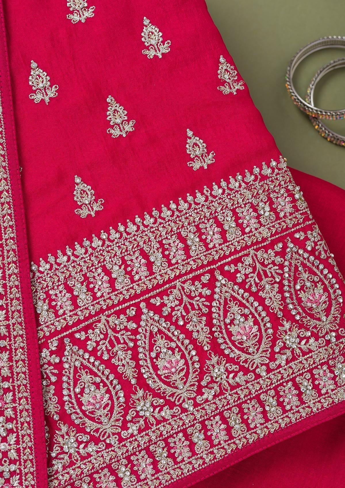 Rani Pink Zariwork Art Silk Unstitched Salwar Suit