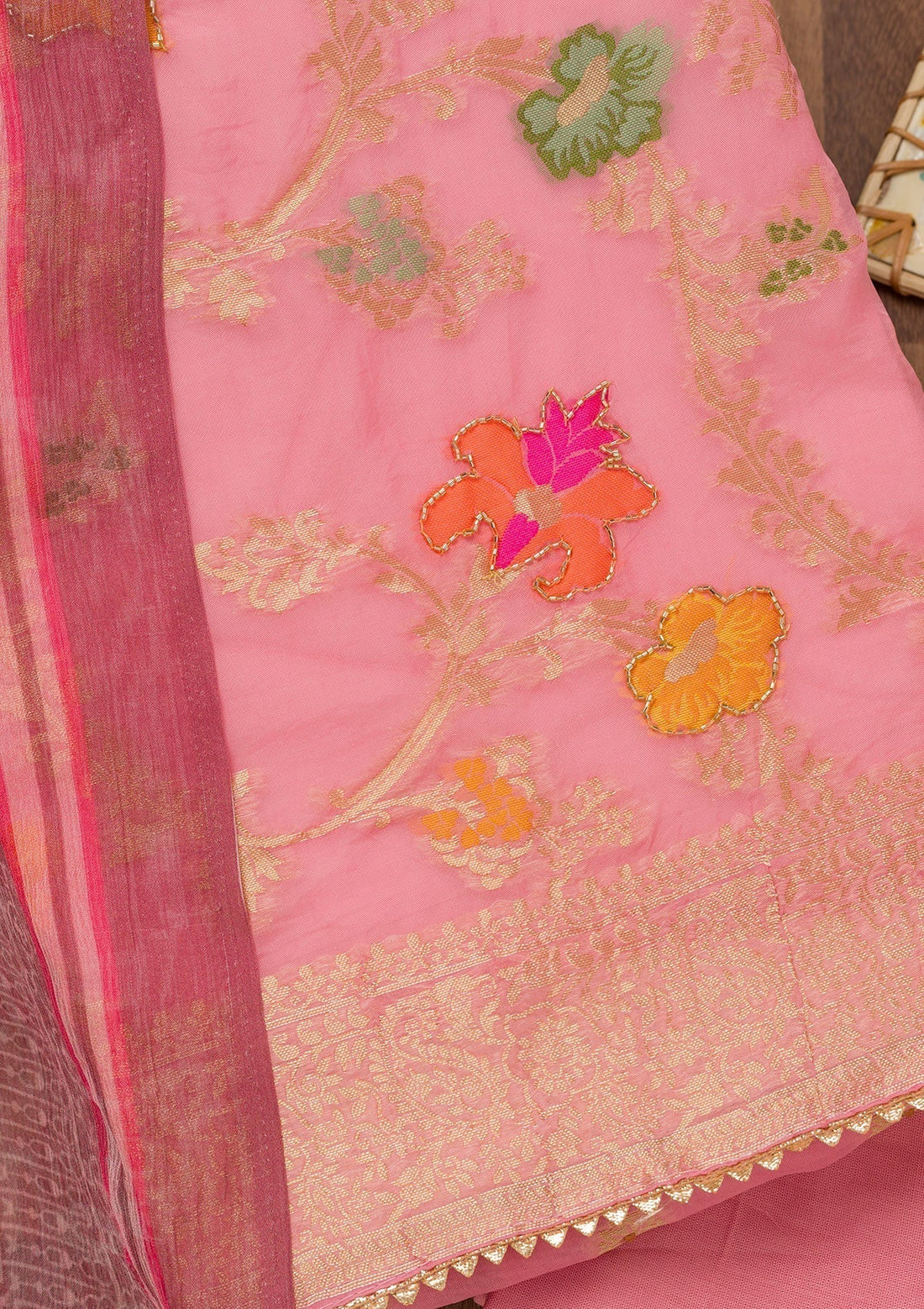Pink Cutdana Art Silk Unstitched Salwar Suit