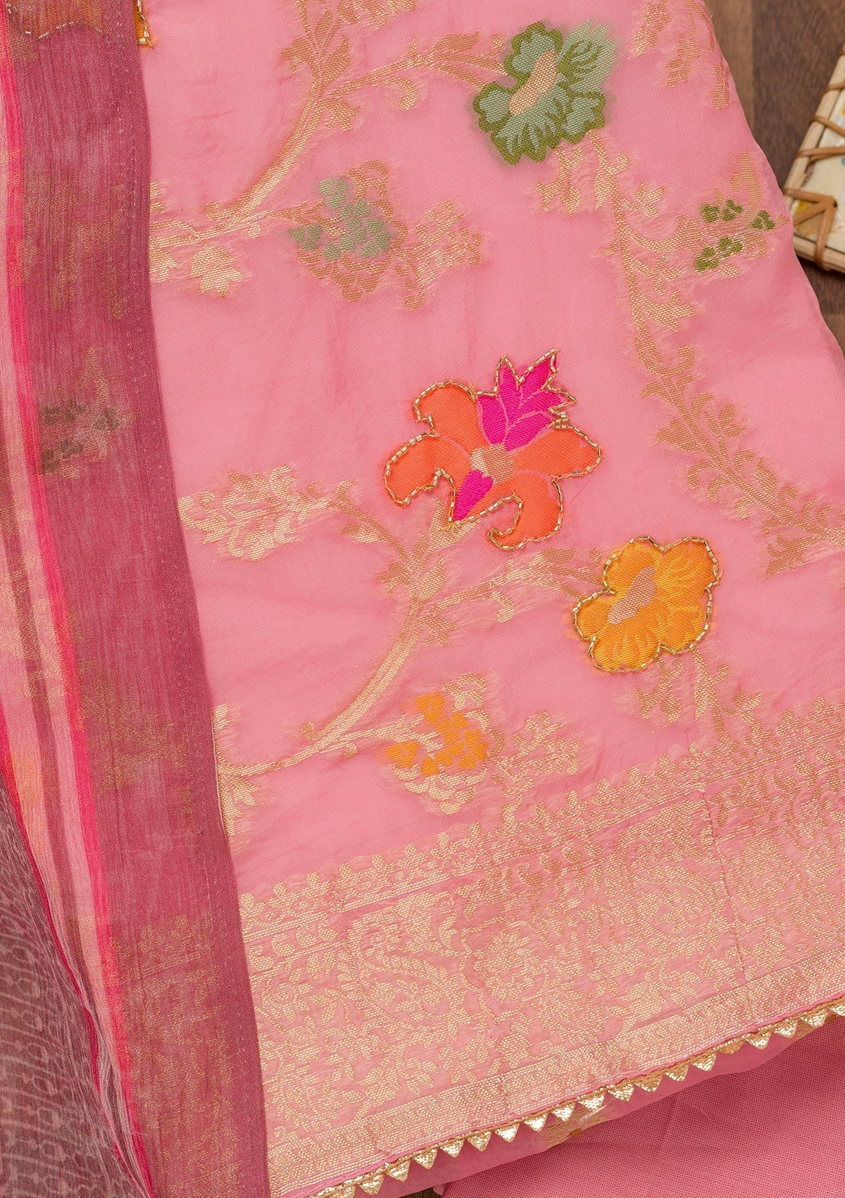 Pink Cutdana Art Silk Unstitched Salwar Suit