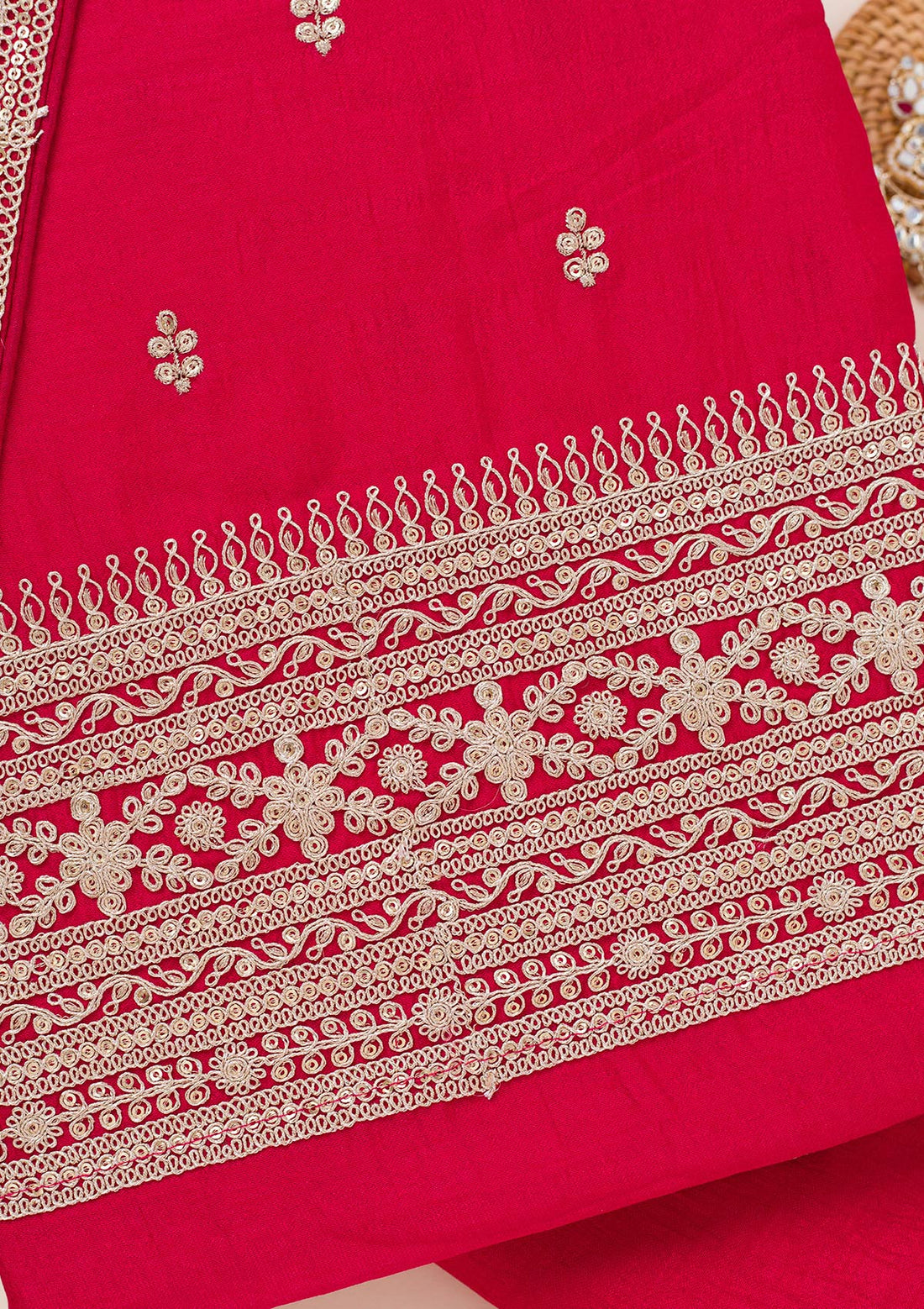 Rani Pink Zariwork Art Silk Unstitched Salwar Suit