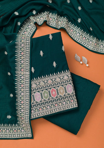 Bottle Green Zariwork Art Silk Unstitched Salwar Suit