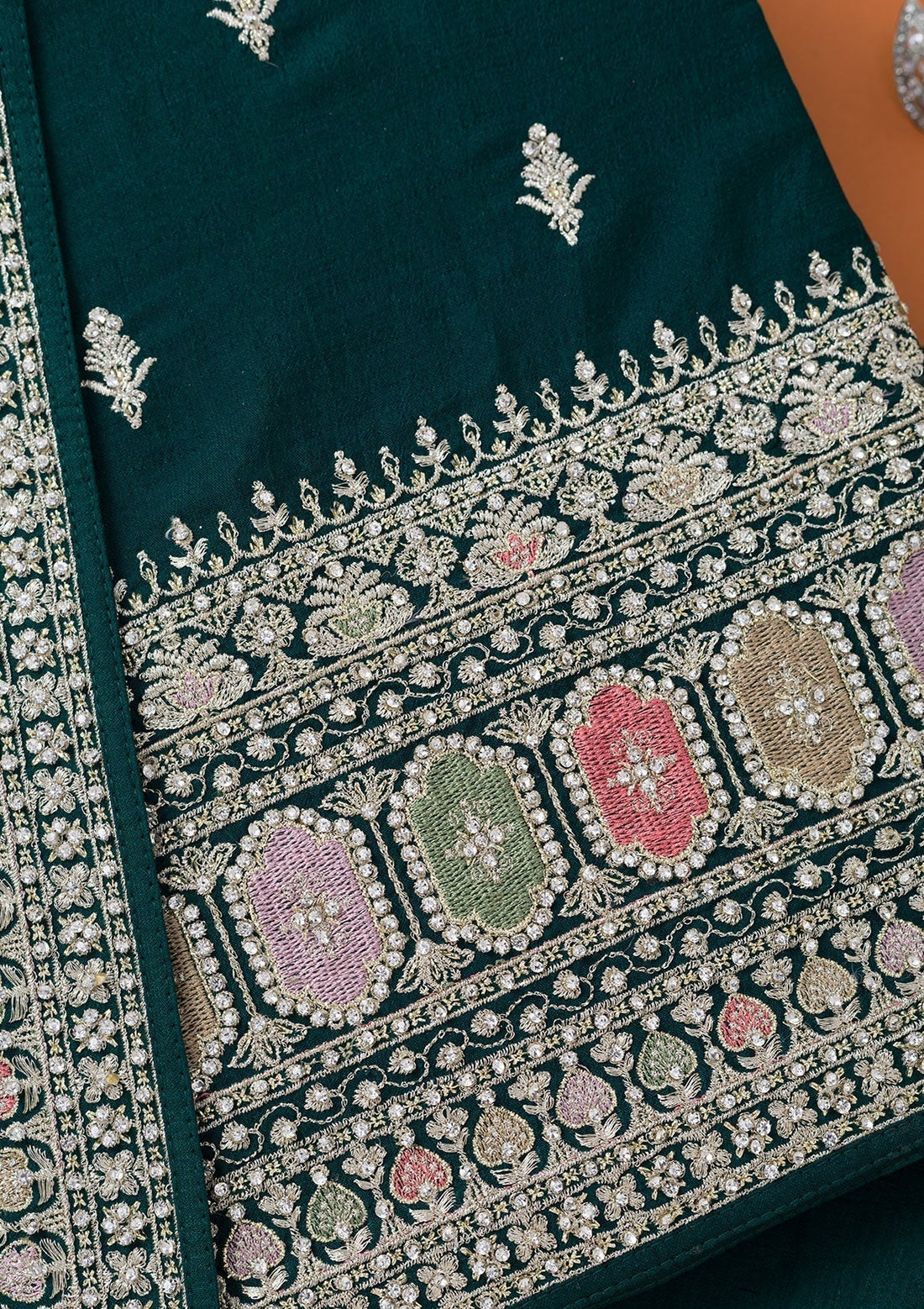 Bottle Green Zariwork Art Silk Unstitched Salwar Suit