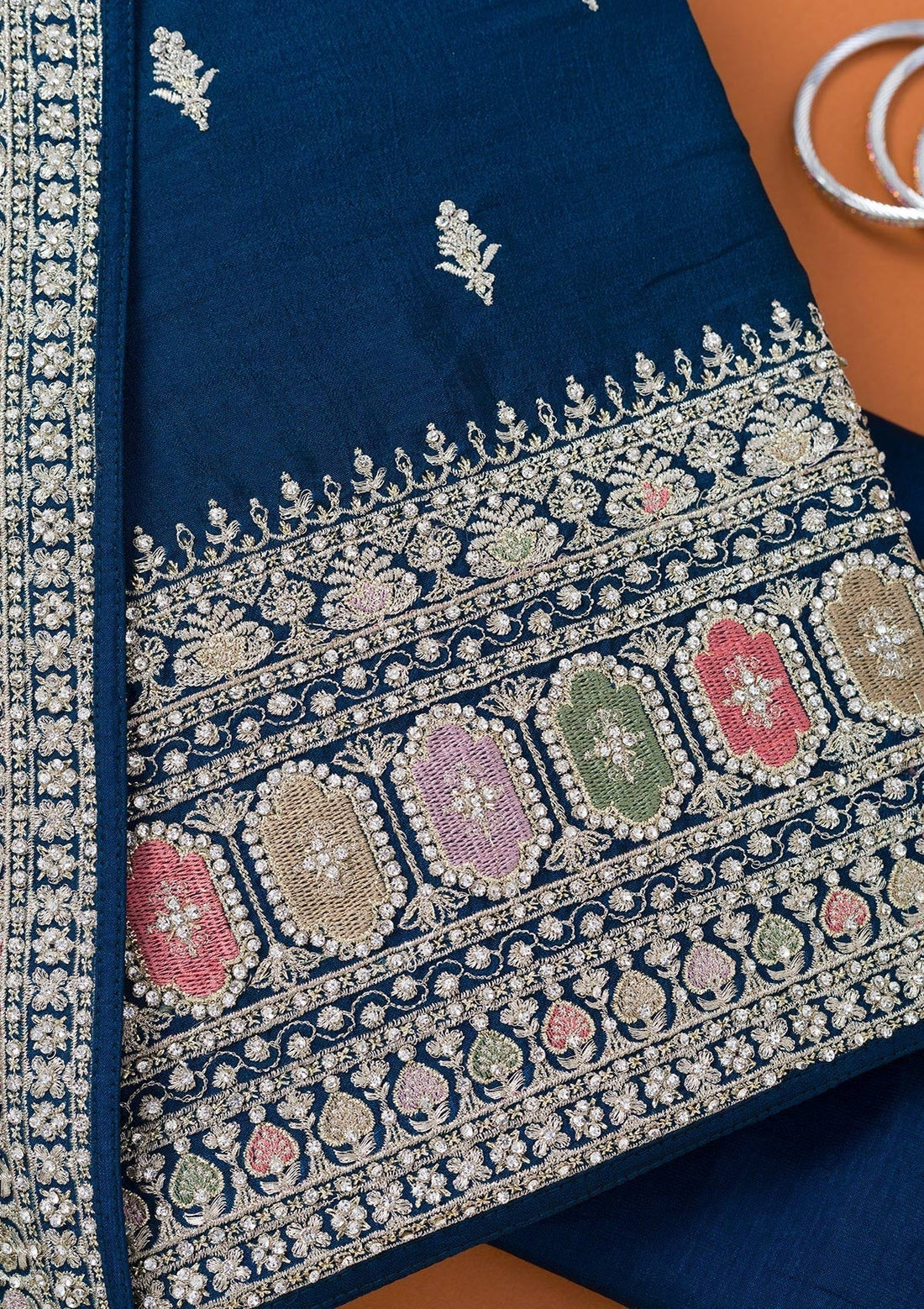 Peacock Blue Zariwork Art Silk Unstitched Salwar Suit