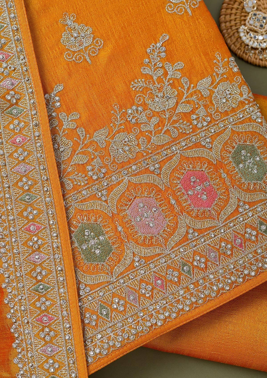 Mustard Zariwork Art Silk Unstitched Salwar Suit