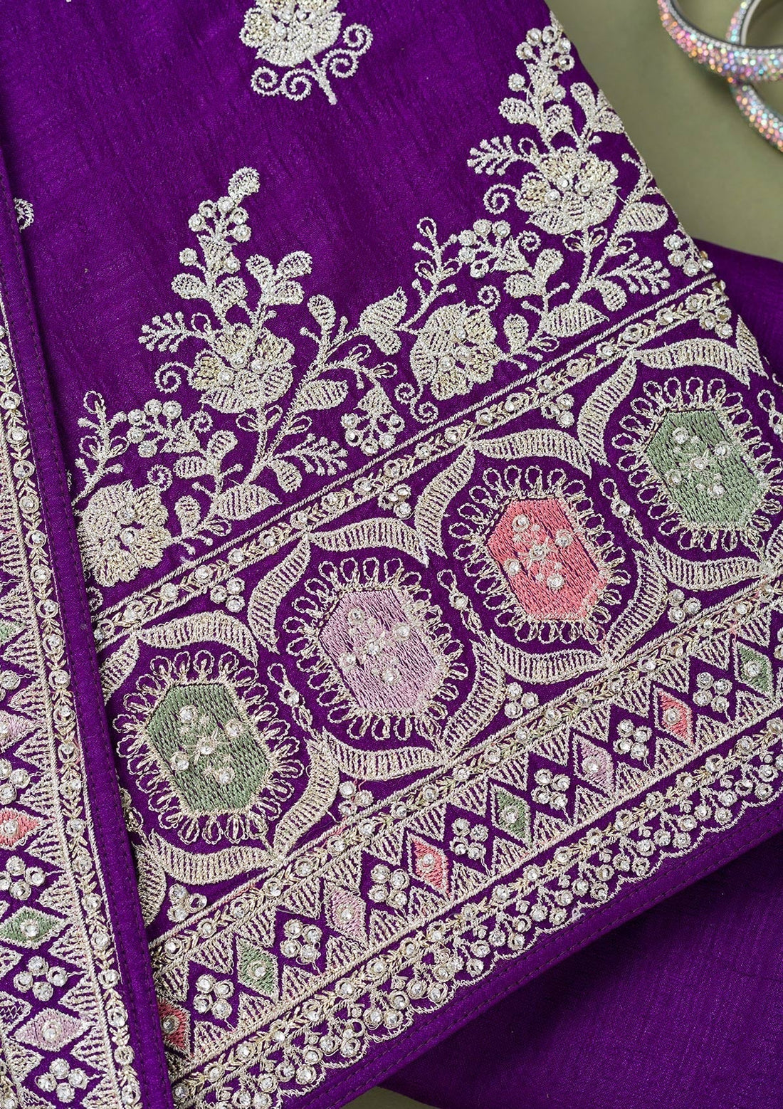 Purple Zariwork Art Silk Unstitched Salwar Suit