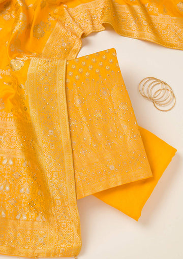 Yellow Zariwork Art Silk Unstitched Salwar Suit