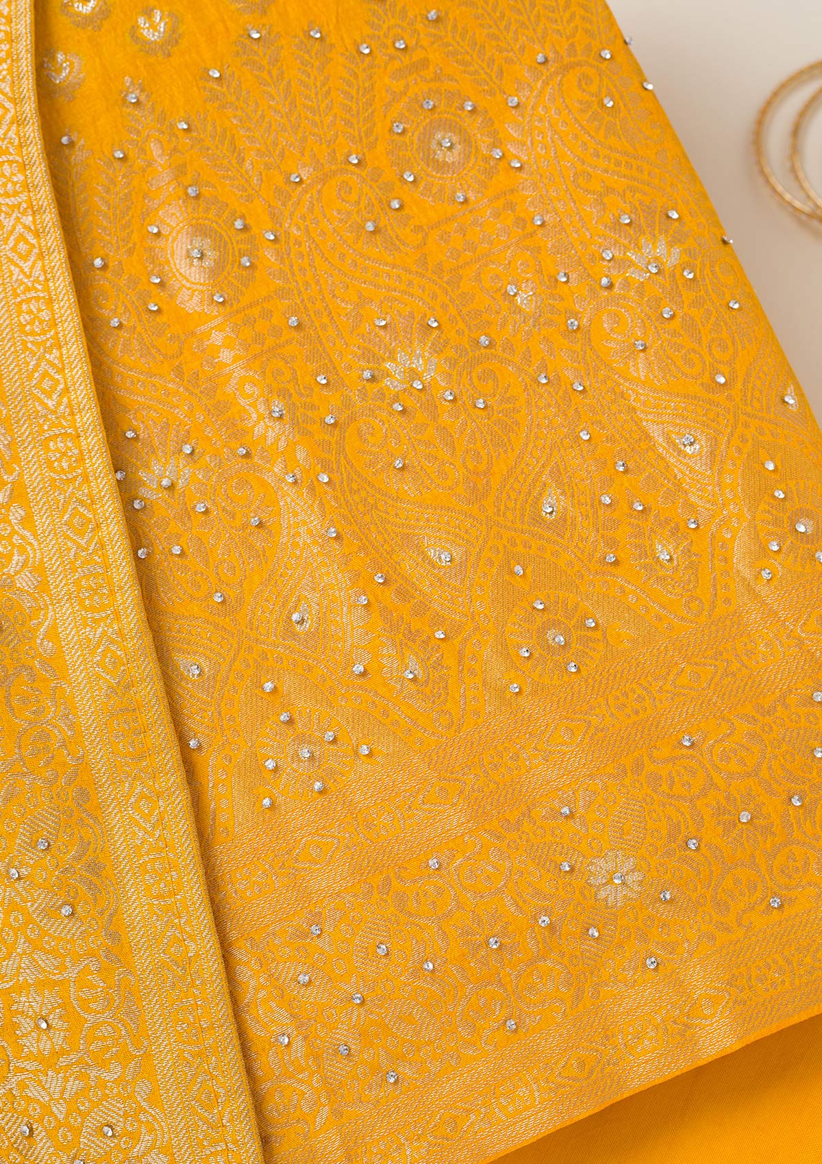 Yellow Zariwork Art Silk Unstitched Salwar Suit