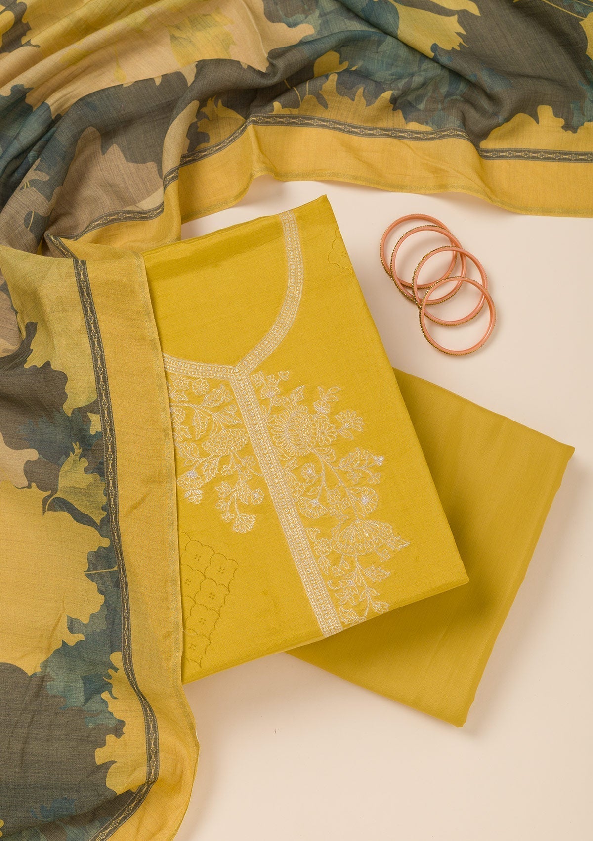 Mustard Zariwork Art Silk Unstitched Salwar Suit