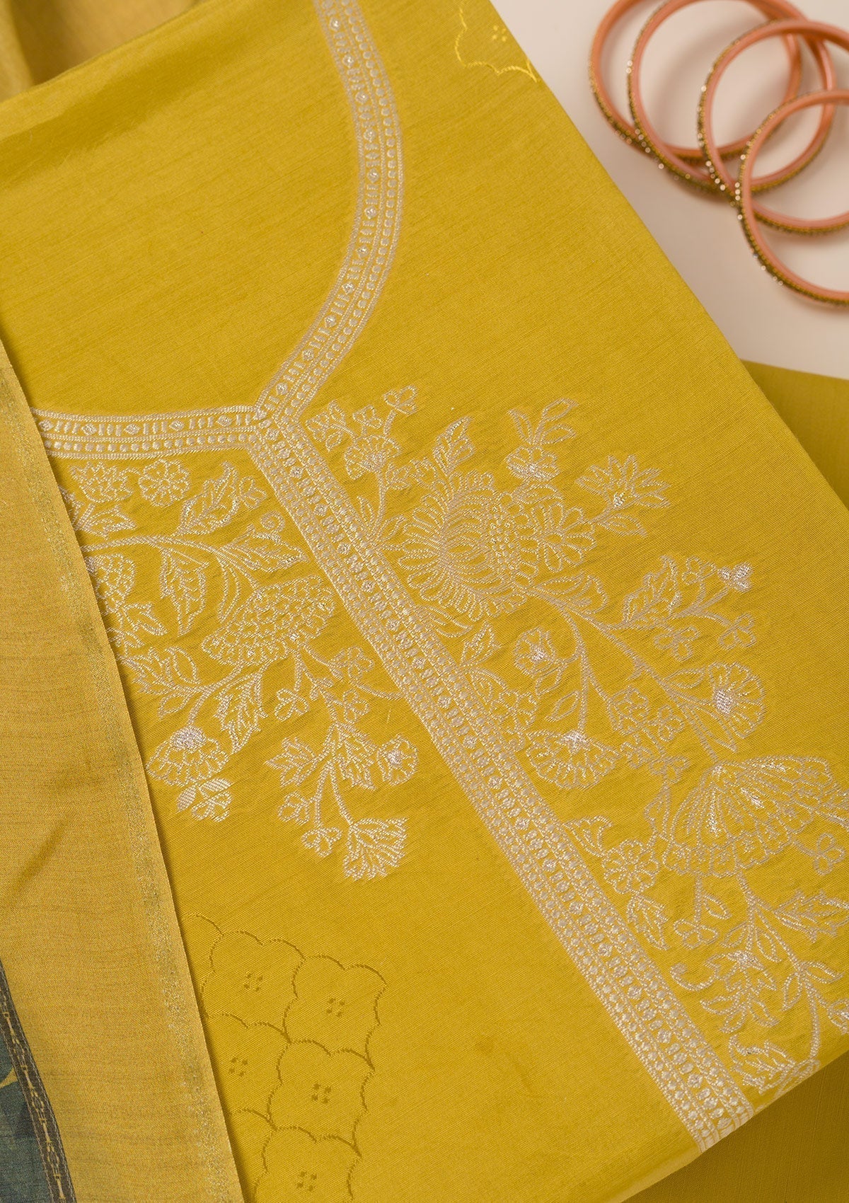 Mustard Zariwork Art Silk Unstitched Salwar Suit