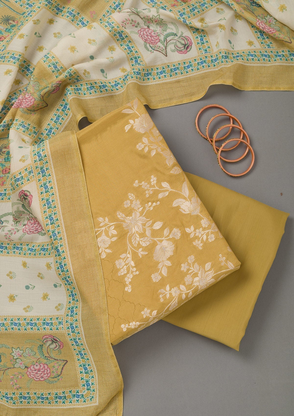 Mustard Yellow Zariwork Art Silk Unstitched Salwar Suit