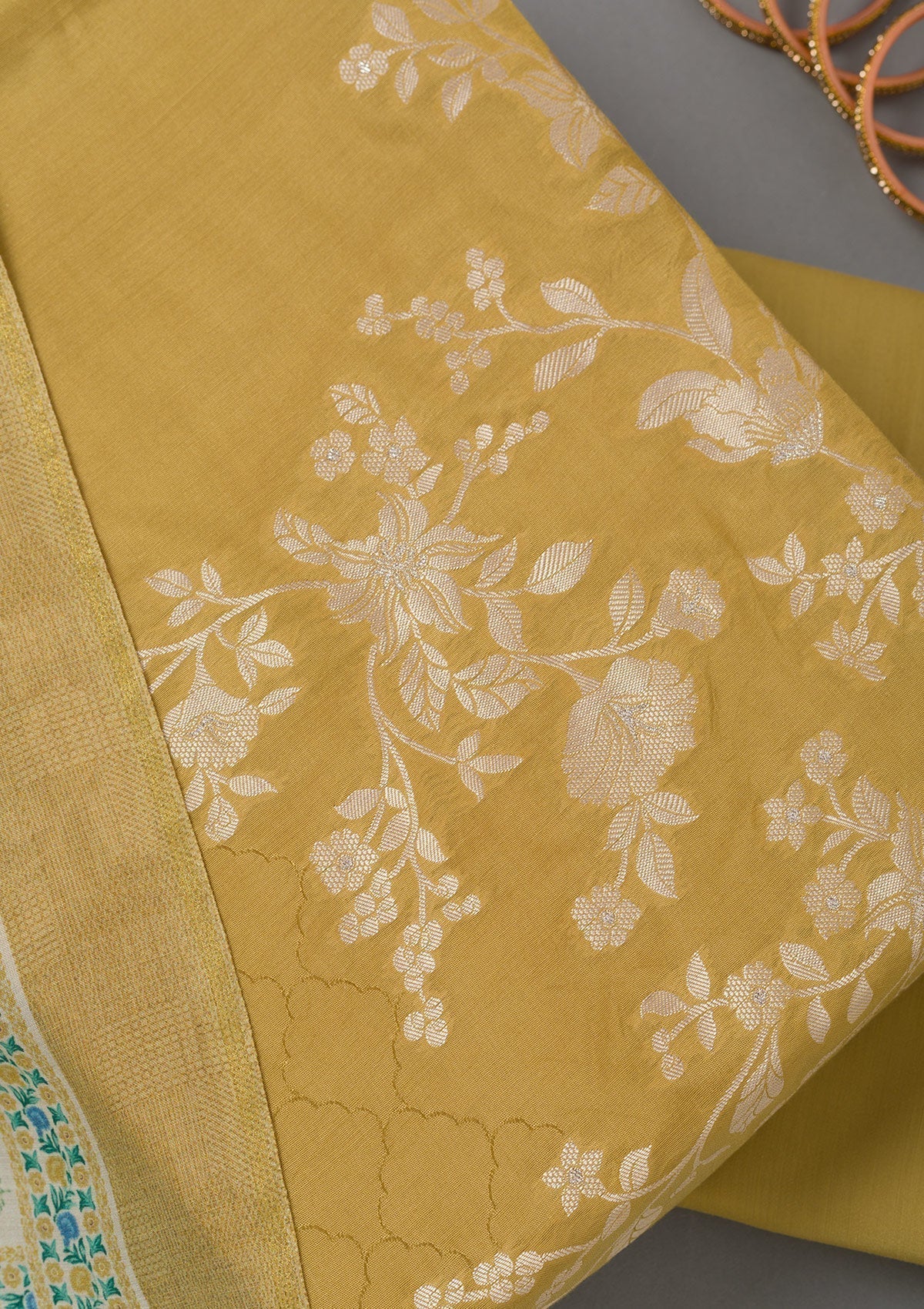 Mustard Yellow Zariwork Art Silk Unstitched Salwar Suit