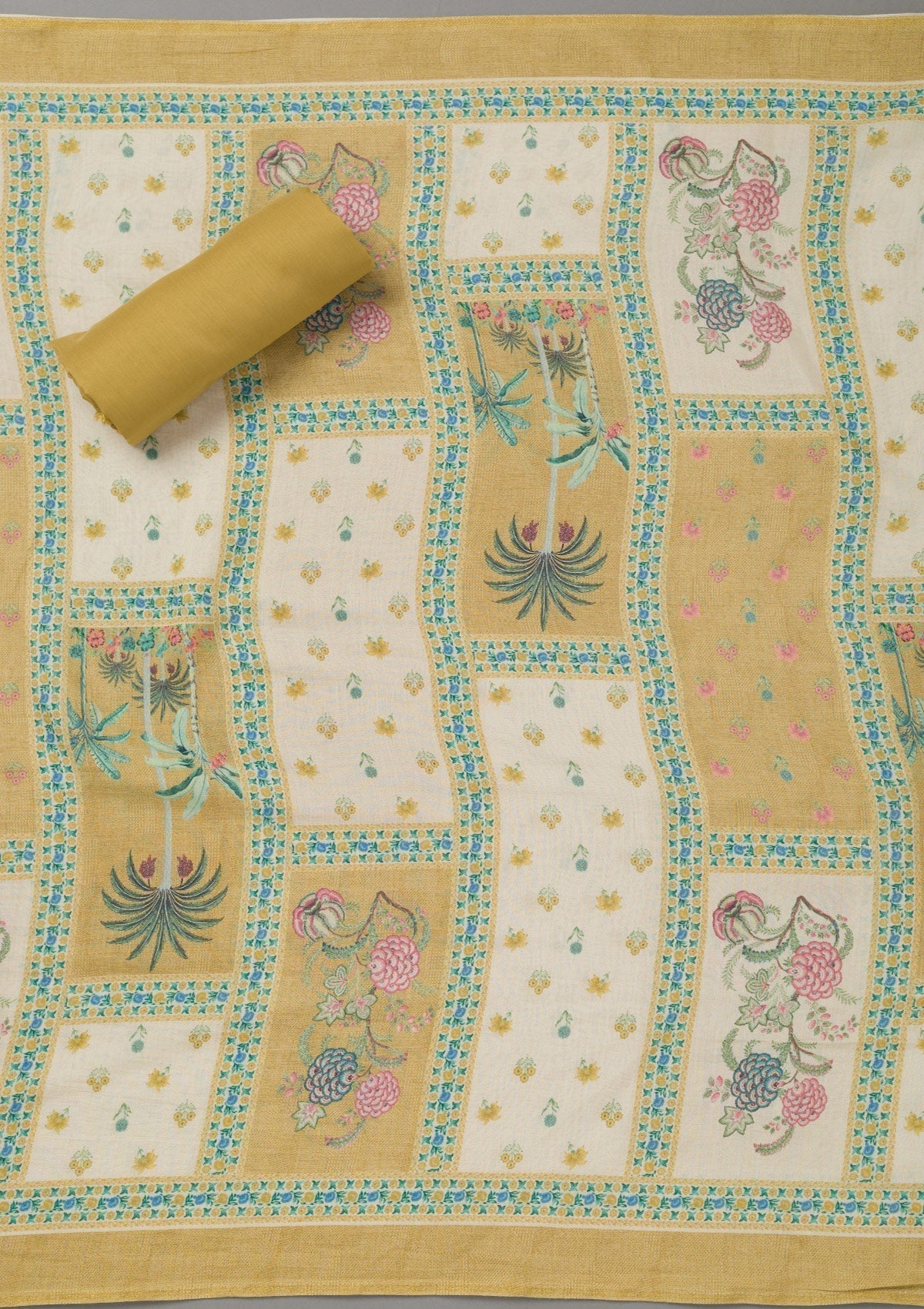 Mustard Yellow Zariwork Art Silk Unstitched Salwar Suit